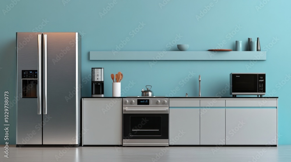 Fototapeta premium Modern kitchen appliance decor with sleek, stainless steel appliances, smart technology, and minimalist style