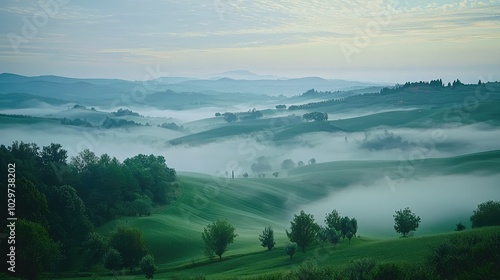 Serene View of Rolling Hills Covered in Mist