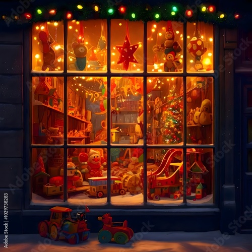 Festive Christmas Toy Store Window Display with Warm Winter Holiday Lighting