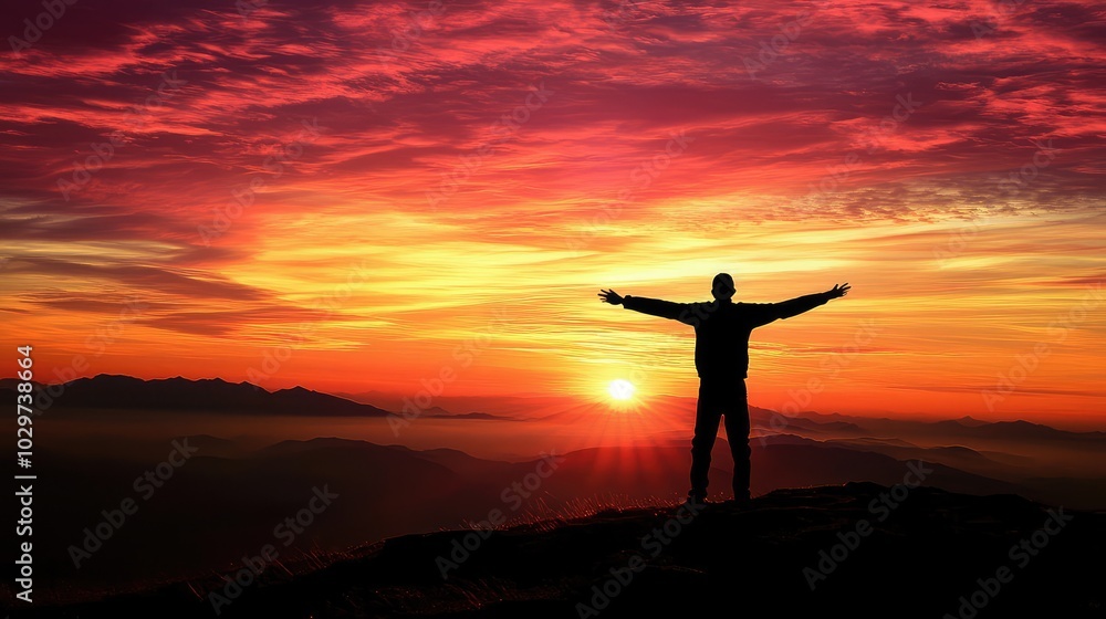 Person Silhouette at Sunset on a Hilltop Person Silhouette at Sunset on a Hilltop