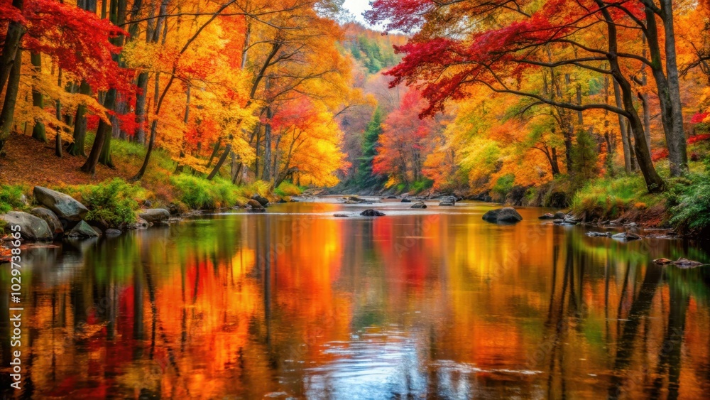 Fototapeta premium Tranquil stream reflecting autumn leaves surrounded by orange and red trees , Autumn, serene, stream, colorful, leaves, trees
