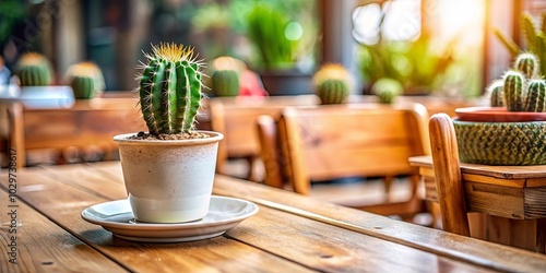 A potted cactus sits on a wooden table with a shallow depth of field, highlighting the plant's delicate spines and the warm, natural texture of the surrounding wood.