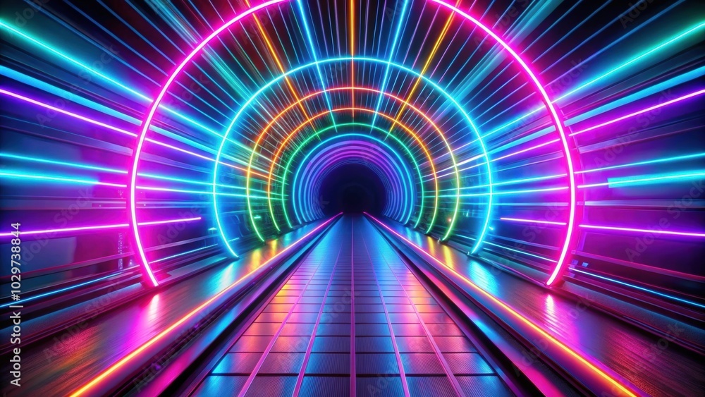 Abstract background of ascending colorful neon lines with glowing trails in tunnel, neon, colorful, glowing, lines, abstract