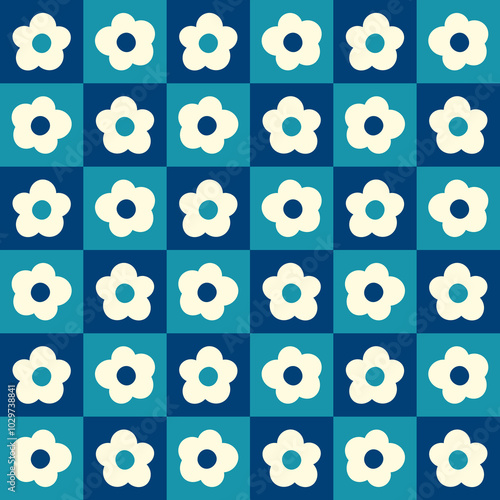 Φωτογραφία Retro 70s flowers check blue Raster pattern