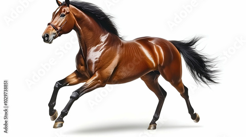 A chestnut horse with a black mane and tail is running on a white background.