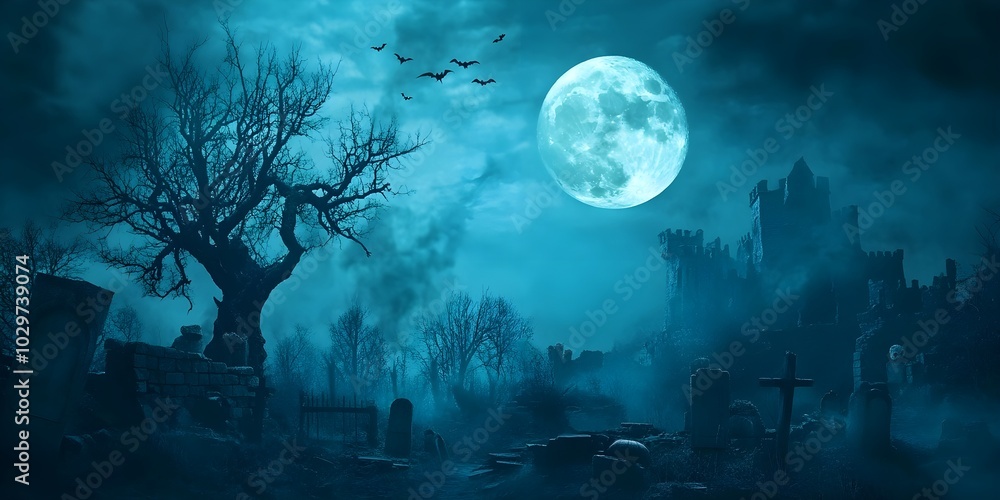 Graveyard to castle In Spooky scary dark Night full moon and bats on dead tree. Holiday event halloween banner background concept Graveyard to castle In Spooky scary dark Night full moon and bats on dead tree. Holiday event halloween banner background concept