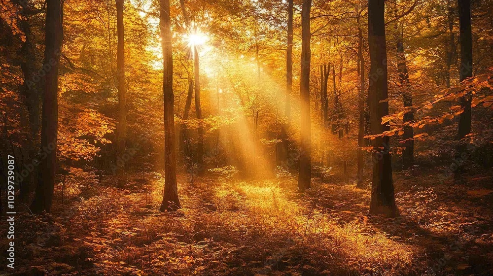 Obraz premium Golden Rays in Autumn Forest