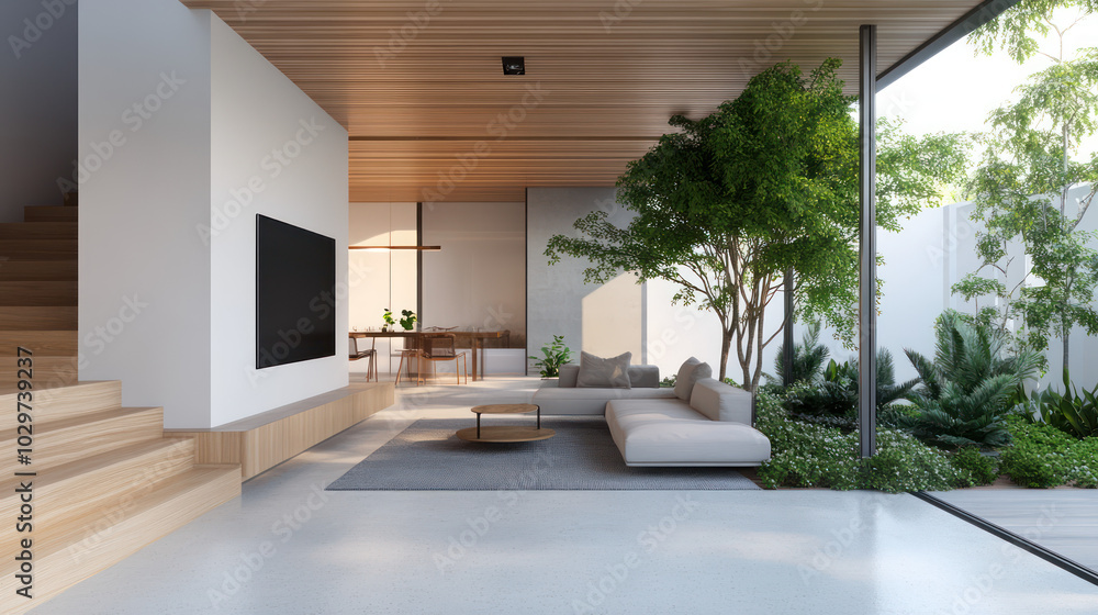 Fototapeta premium A modern living room with a wooden staircase interior design