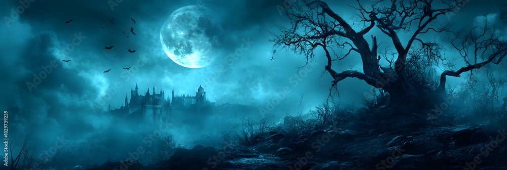 Graveyard to castle In Spooky scary dark Night full moon and bats on dead tree. Holiday event halloween banner background concept Graveyard to castle In Spooky scary dark Night full moon and bats on dead tree. Holiday event halloween banner background concept