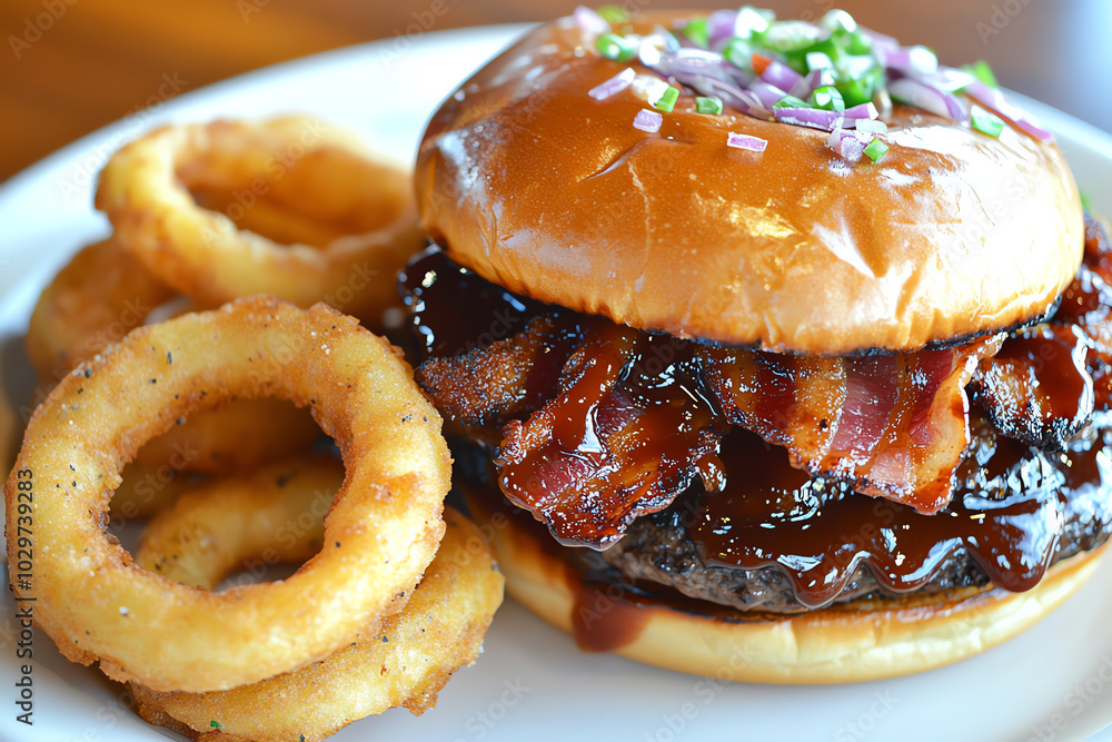 A top view of a BBQ bacon cheeseburger, served on a toasted bun with a side of onion rings A top view of a BBQ bacon cheeseburger, served on a toasted bun with a side of onion rings