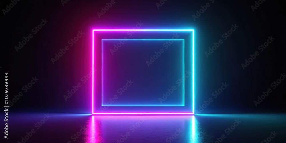 Abstract geometric render background with neon square frame glowing in dark, perfect for futuristic product presentations Abstract geometric render background with neon square frame glowing in dark, perfect for futuristic product presentations