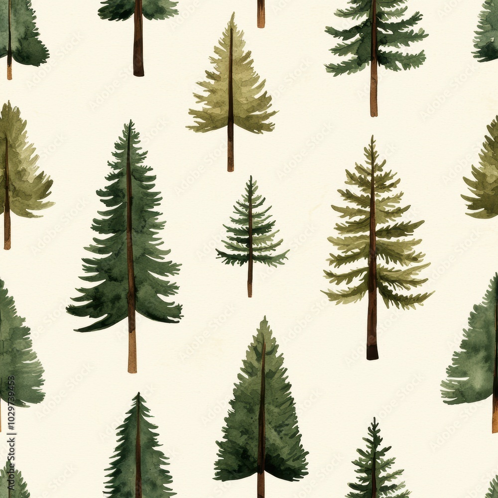 Obraz premium Muted Green Watercolor Trees Seamless Pattern