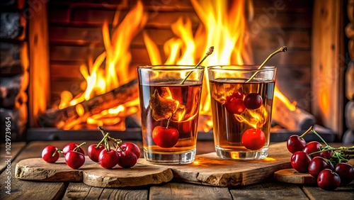 Warmth, Comfort, and a Touch of Sweetness Two Glasses of Cherry-Infused Beverage Set Before a Cozy Fireplace