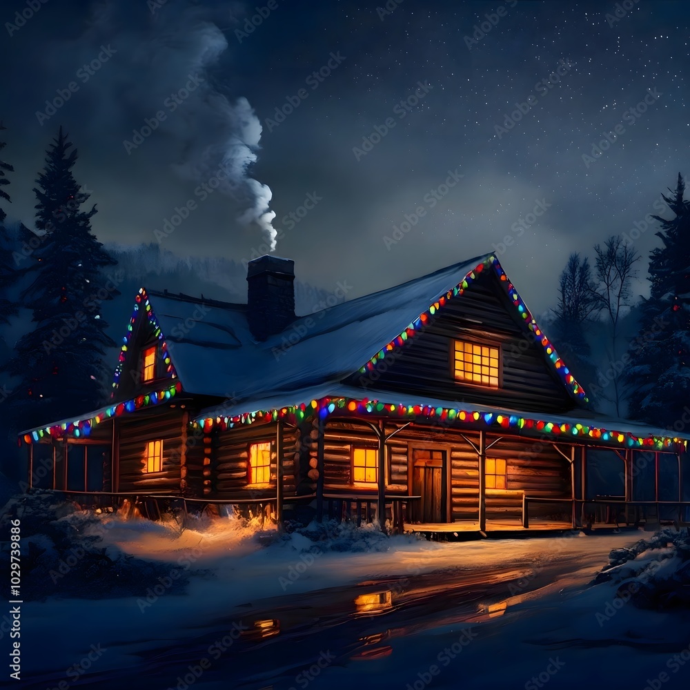 Obraz premium Cozy illuminated cabin under a starlit winter sky surrounded by pine forest.