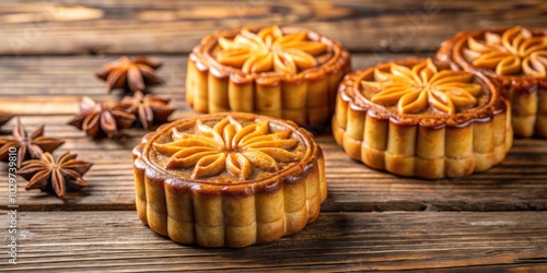 Closeup of traditional moon cakes with star anise on rustic wooden surface, moon cakes, star anise, wooden surface