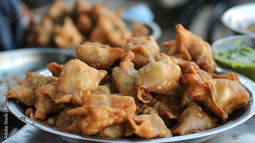 A close-up of a plate of golden brown samosas, a popular Indian street food. photo