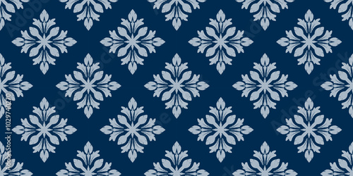 A decorative navy blue wallpaper featuring elegant floral patterns in light blue, creating a classic and sophisticated design.