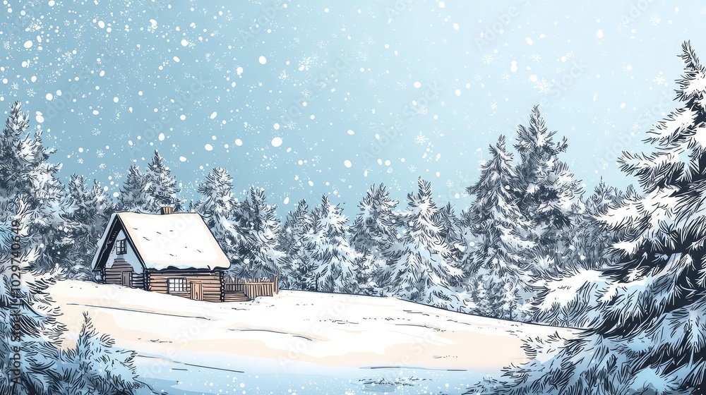 Whimsical Winter Landscape Illustration with Cozy Cabin Whimsical Winter Landscape Illustration with Cozy Cabin