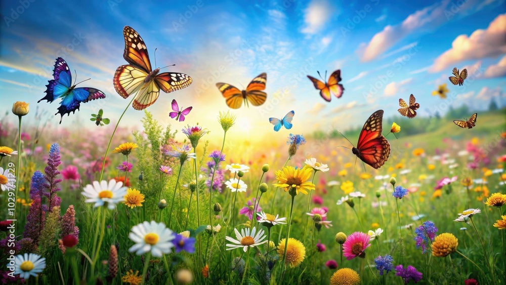 A vibrant scene of butterflies fluttering around wildflowers in the meadow, butterflies, wildflowers, meadow, vibrant A vibrant scene of butterflies fluttering around wildflowers in the meadow, butterflies, wildflowers, meadow, vibrant