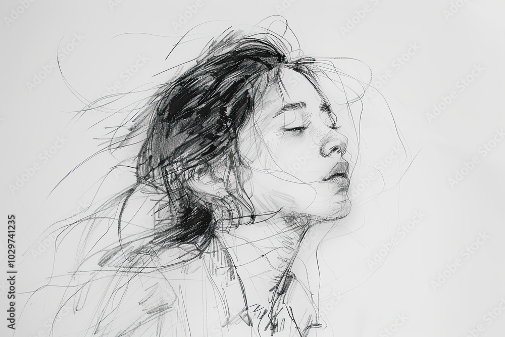Beautiful girl face close up sketch. Hand drawn black and white pencil fashion illustration. Young woman portrait. Beautiful girl face close up sketch. Hand drawn black and white pencil fashion illustration. Young woman portrait.