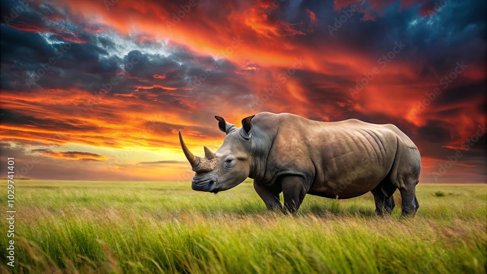Obraz premium A rhinoceros stands amidst a field of tall grass, its silhouette outlined against a breathtaking sunset sky, with a dramatic display of vibrant hues painting the heavens above.