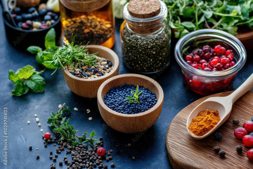A variety of spices and herbs are displayed on a countertop A variety of spices and herbs are displayed on a countertop