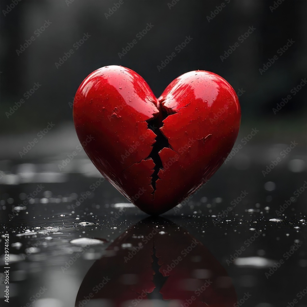 3D shattered red concrete heart set against a dark isolated background. 3D shattered red concrete heart set against a dark isolated background.