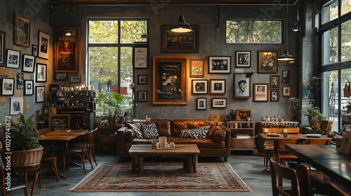 Wallpaper Mural A cozy cafe with a leather sofa, wooden tables, and a wall of framed artwork. Torontodigital.ca