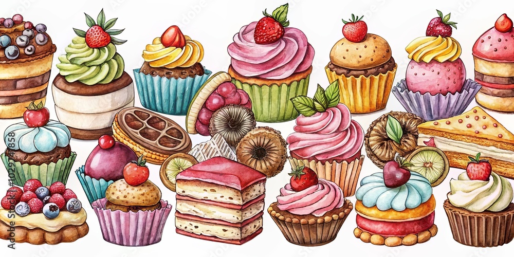 An abundance of colorful, beautifully crafted pastries, cakes, and sweet treats, featuring a variety of toppings and fillings, showcased on a clean white background. An abundance of colorful, beautifully crafted pastries, cakes, and sweet treats, featuring a variety of toppings and fillings, showcased on a clean white background.