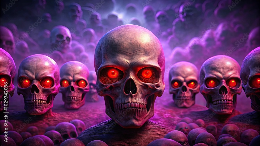 Obraz premium A multitude of glowing red-eyed skulls emerge from a field of skulls, their menacing gaze piercing the darkness.