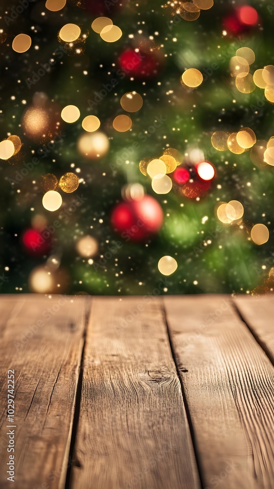 Empty wooden table with christmas theme in background Empty wooden table with christmas theme in background