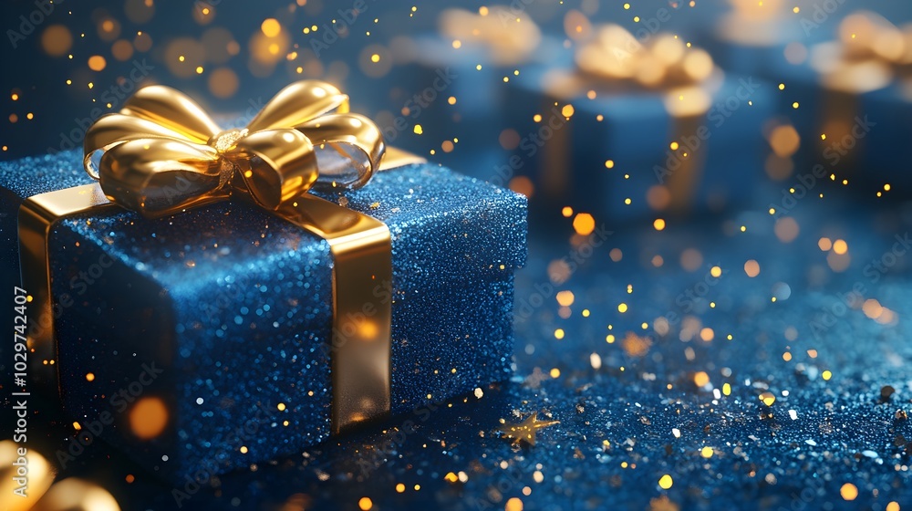 Blue presents wrapped with golden bows, placed on a vibrant blue surface, surrounded by tiny glowing stars, festive and magical, 3D render, metallic accents Blue presents wrapped with golden bows, placed on a vibrant blue surface, surrounded by tiny glowing stars, festive and magical, 3D render, metallic accents