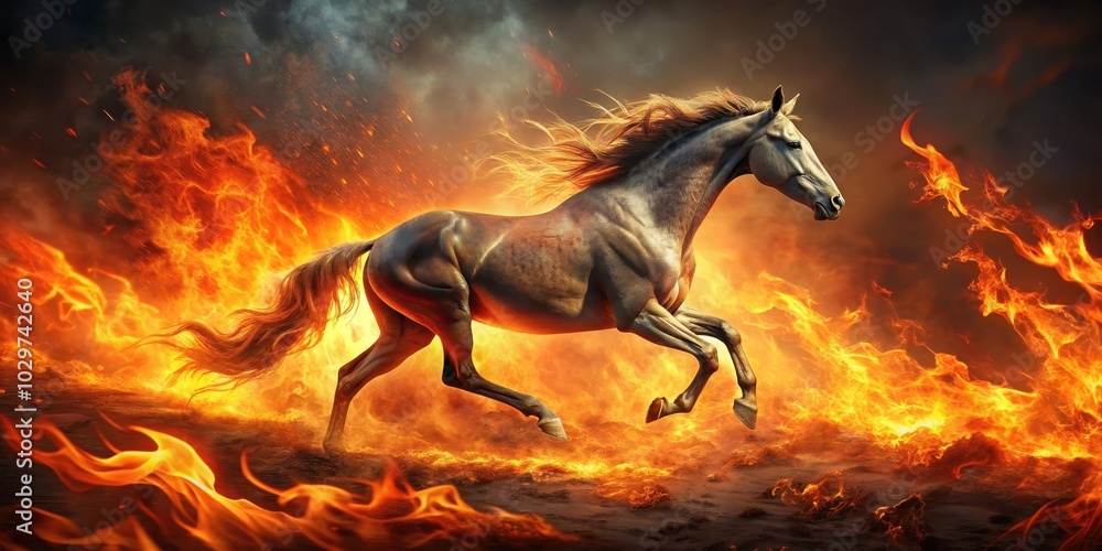 Horse running amidst intense fire flames , horse, fire, danger, wild, intense, heat, flames, running, speed, motion Horse running amidst intense fire flames , horse, fire, danger, wild, intense, heat, flames, running, speed, motion