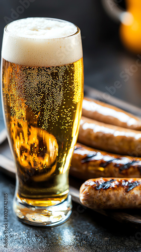 Beer and sausages on rustic table.