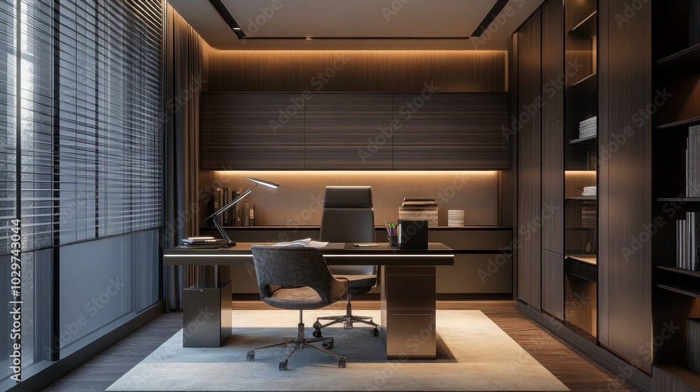 Modern office interior design with a large desk, a comfortable chair, and a bookshelf. The room is lit by warm overhead lights and natural light from the windows. Modern office interior design with a large desk, a comfortable chair, and a bookshelf. The room is lit by warm overhead lights and natural light from the windows.