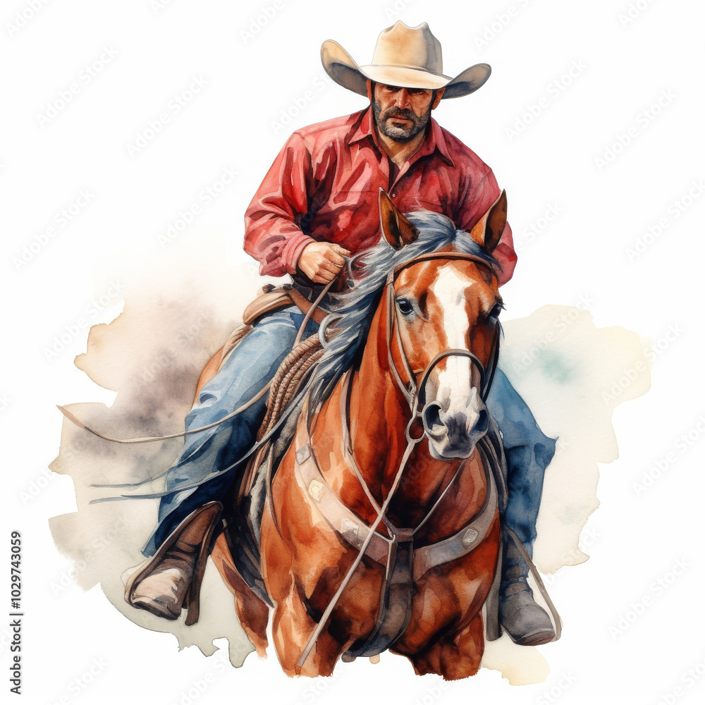 Fototapeta premium Western Cowboy Riding Horse Watercolor Illustration ? Detailed Art of a Man on Horseback in the Wild West
