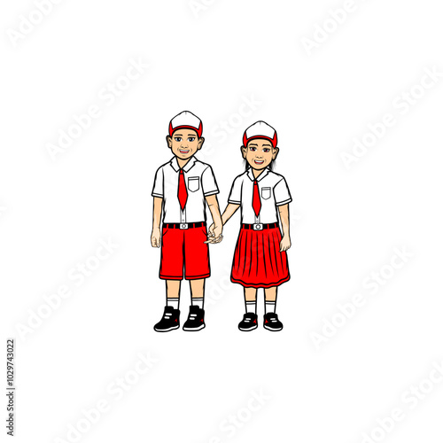 cartoon boy and girl wearing elementary school uniform and hat on head hand in hand cartoon vector illustration