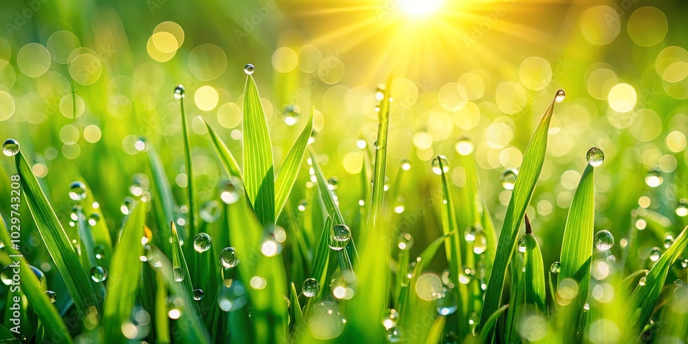 Fototapeta premium Fresh dew drops sparkling on the tips of vibrant green blades of grass, illuminated by the golden glow of a sunrise