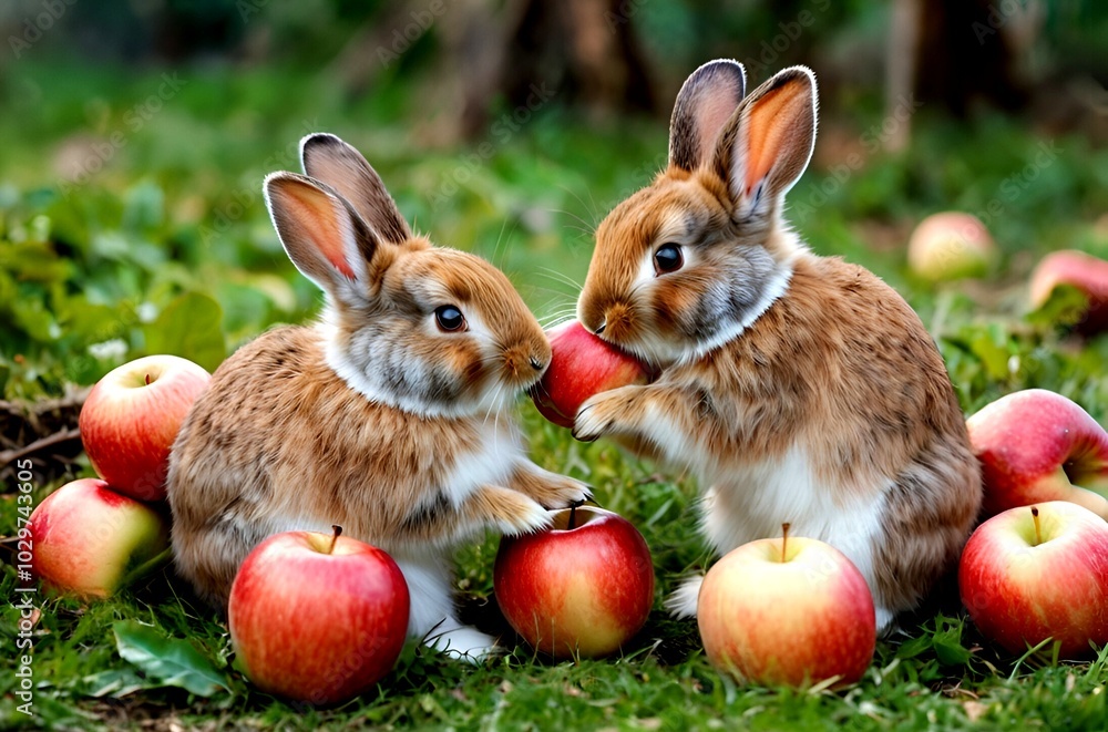 Two beautiful rabbits near a lot of beautiful apples in a garden Two beautiful rabbits near a lot of beautiful apples in a garden