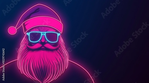 A vibrant neon illustration of a Santa figure wearing sunglasses and a hat, perfect for modern holiday themes.