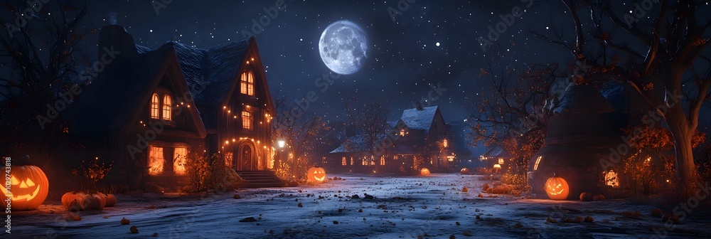 3D illustration of a Halloween concept background of realistic horror house and creepy street with moonlight 3D illustration of a Halloween concept background of realistic horror house and creepy street with moonlight