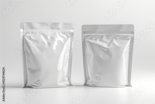 Two blank white stand up pouches with zippers, isolated on white background.