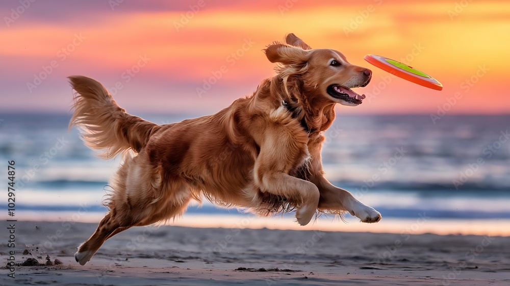 Golden Retriever Dog Leaping for a Frisbee at Sunset Golden Retriever Dog Leaping for a Frisbee at Sunset