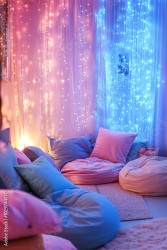 Whimsical bedroom. Bean bag chairs surrounded by pink and blue fairy lights. photo