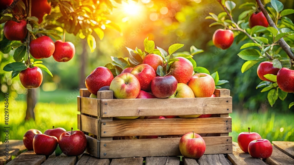 A wooden crate brimming with freshly picked apples, their vibrant red hues accentuated by the warm glow of the afternoon sun, nestled amidst lush green foliage. A wooden crate brimming with freshly picked apples, their vibrant red hues accentuated by the warm glow of the afternoon sun, nestled amidst lush green foliage.