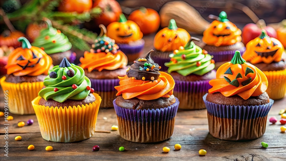 A festive arrangement of chocolate cupcakes adorned with whimsical pumpkin faces and vibrant green and orange frosting, adding a touch of spooky delight to the occasion. A festive arrangement of chocolate cupcakes adorned with whimsical pumpkin faces and vibrant green and orange frosting, adding a touch of spooky delight to the occasion.