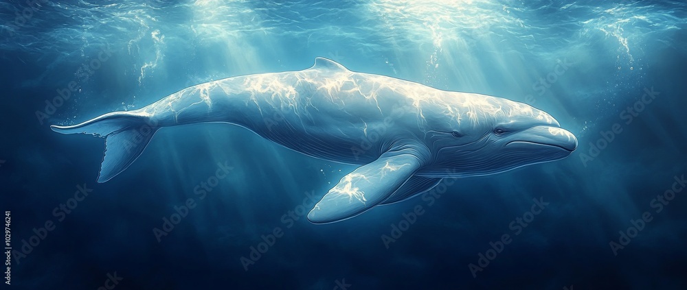 Obraz premium A serene underwater scene featuring a majestic whale swimming gracefully.