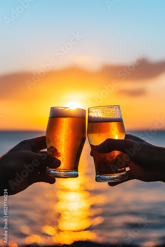 Cheers with beer glasses at sunset photo