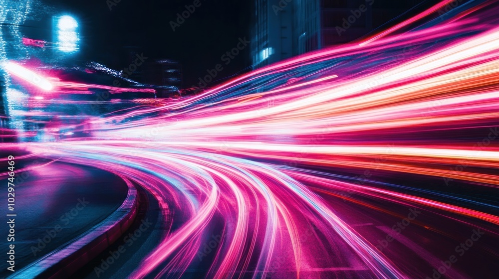 Abstract light trails of cars driving through a city at night, creating a sense of speed and motion. Abstract light trails of cars driving through a city at night, creating a sense of speed and motion.