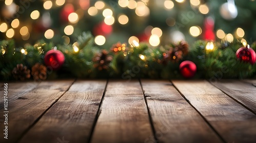 Empty wooden table with christmas theme in background